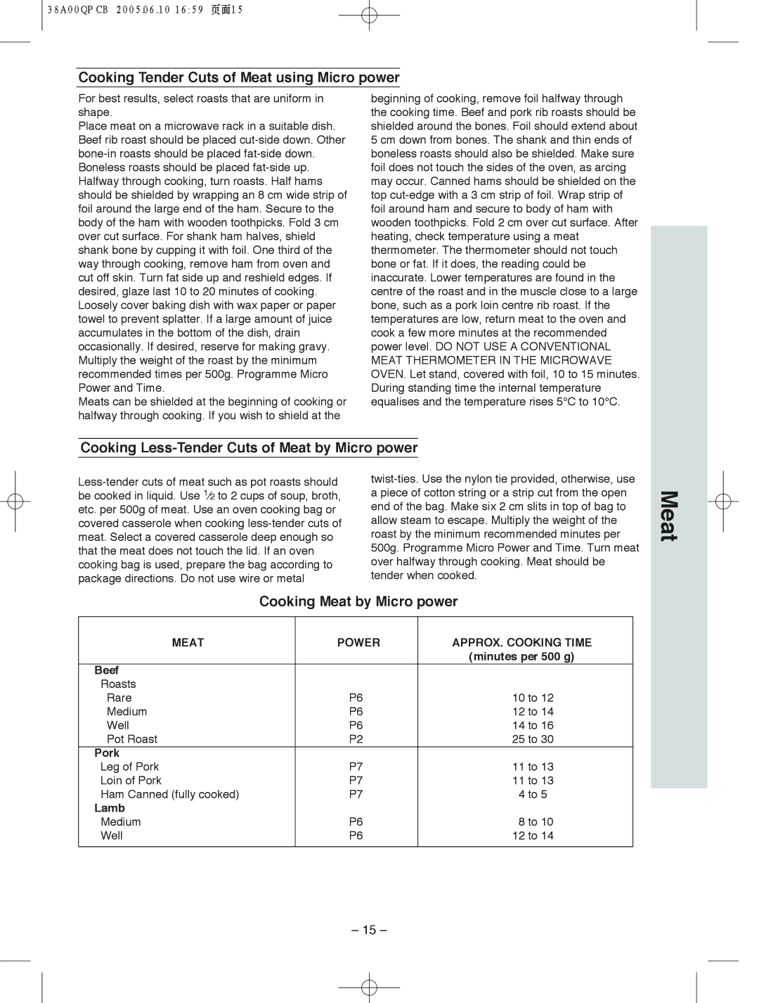 Panasonic NN-S555 manual Cooking Tender Cuts of Meat using Micro power, Cooking Less-Tender Cuts of Meat by Micro power 