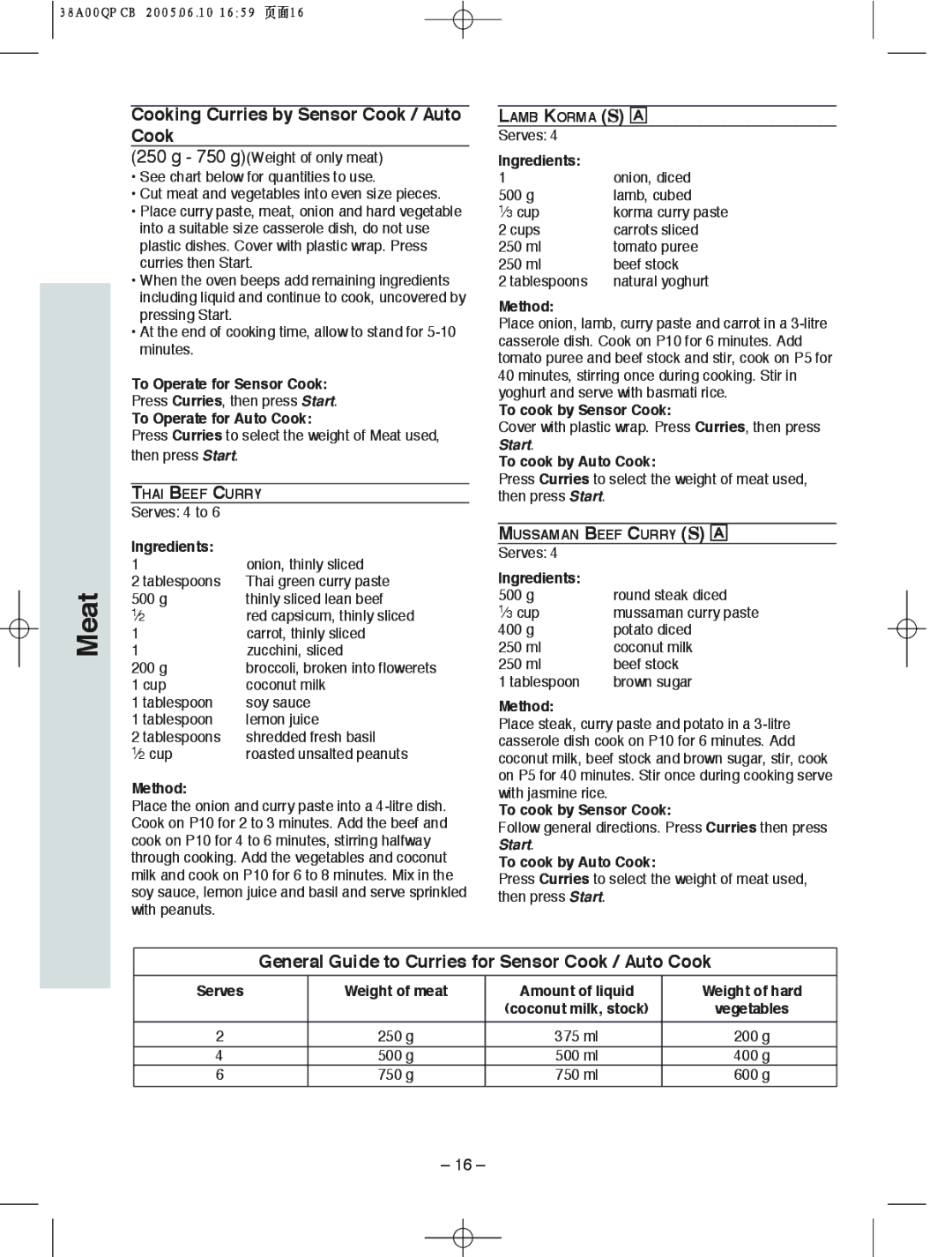 Panasonic NN-S565 manual Cooking Curries by Sensor Cook / Auto Cook, General Guide to Curries for Sensor Cook / Auto Cook 