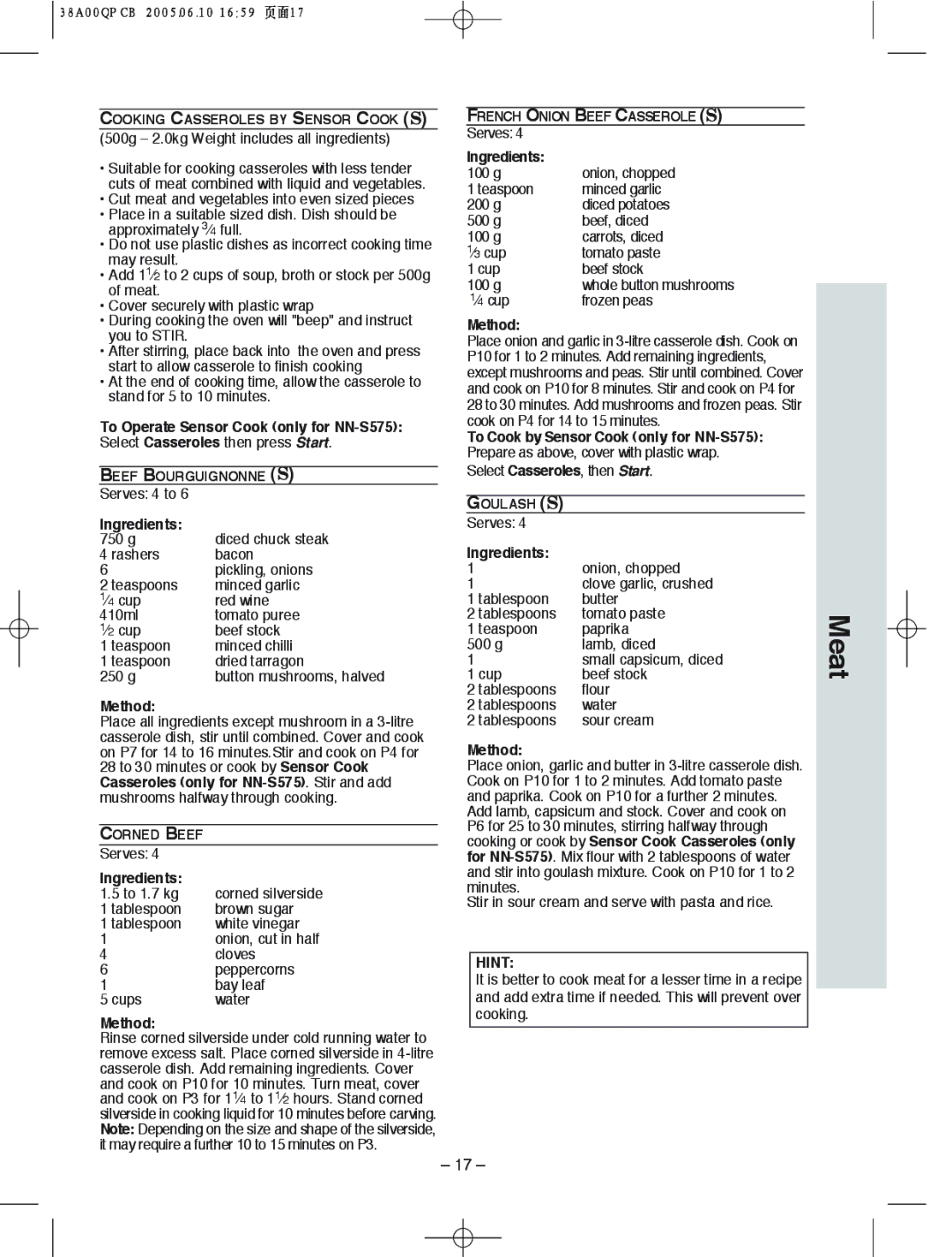 Panasonic NN-S555, NN-S565 manual To Operate Sensor Cook only for NN-S575 