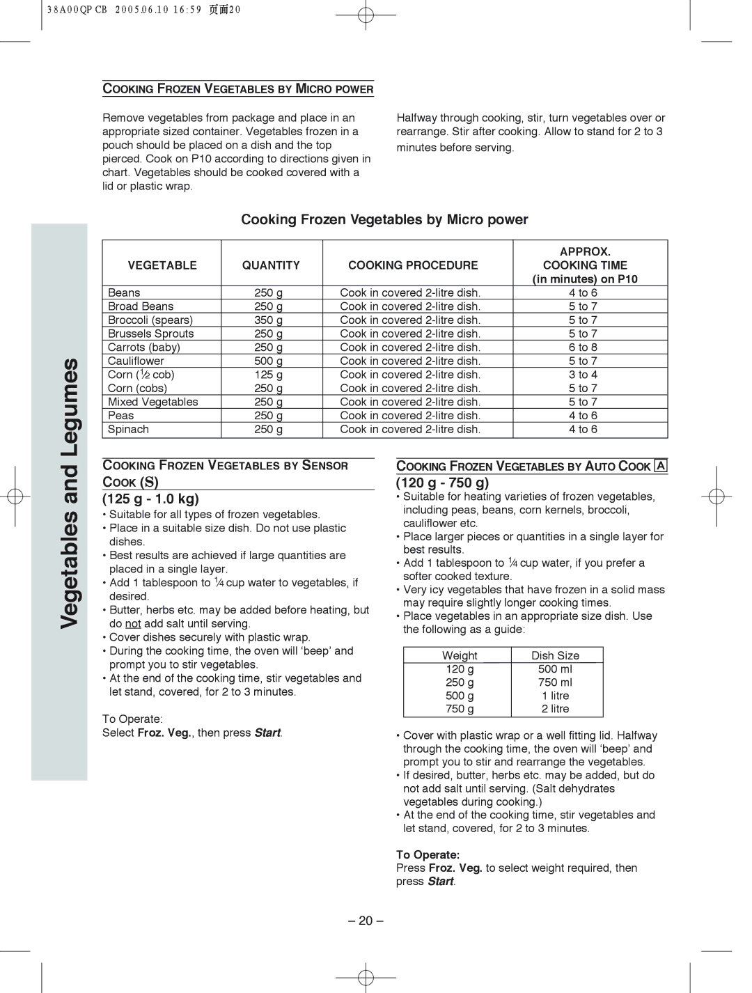 Panasonic NN-S575, NN-S555, NN-S565 manual Legumes, Cooking Frozen Vegetables by Micro power, 1.0 kg, 750 g 