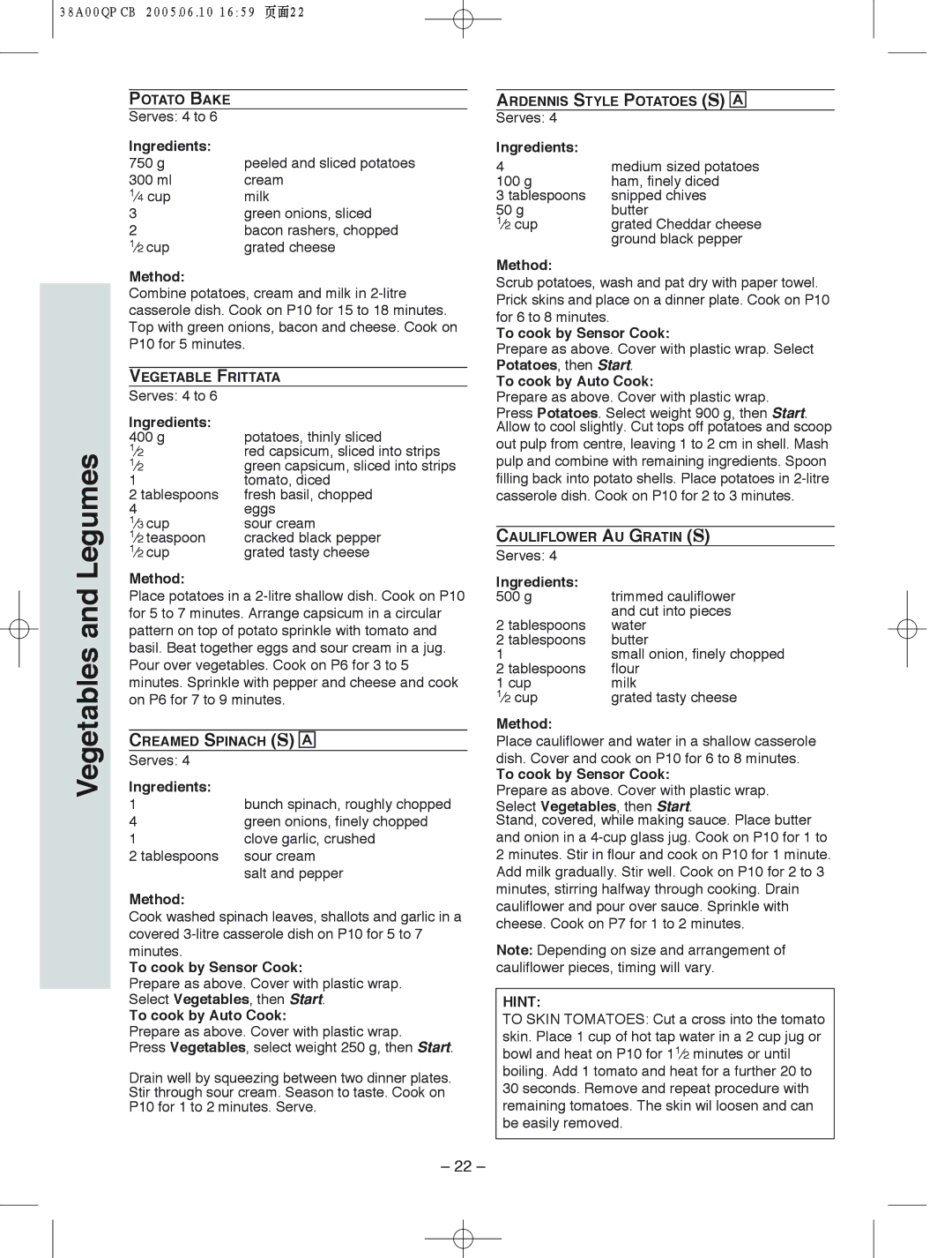 Panasonic NN-S565, NN-S575, NN-S555 manual Potatoes, then Start To cook by Auto Cook 