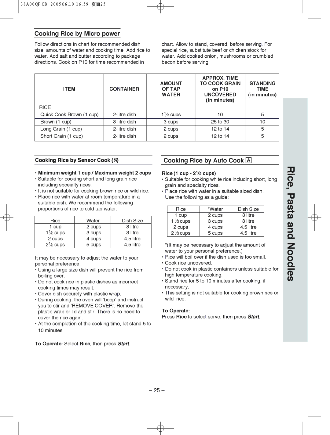 Panasonic NN-S565, NN-S575, NN-S555 manual Rice, Pasta and Noodles, Cooking Rice by Micro power, Cooking Rice by Auto Cook Å 
