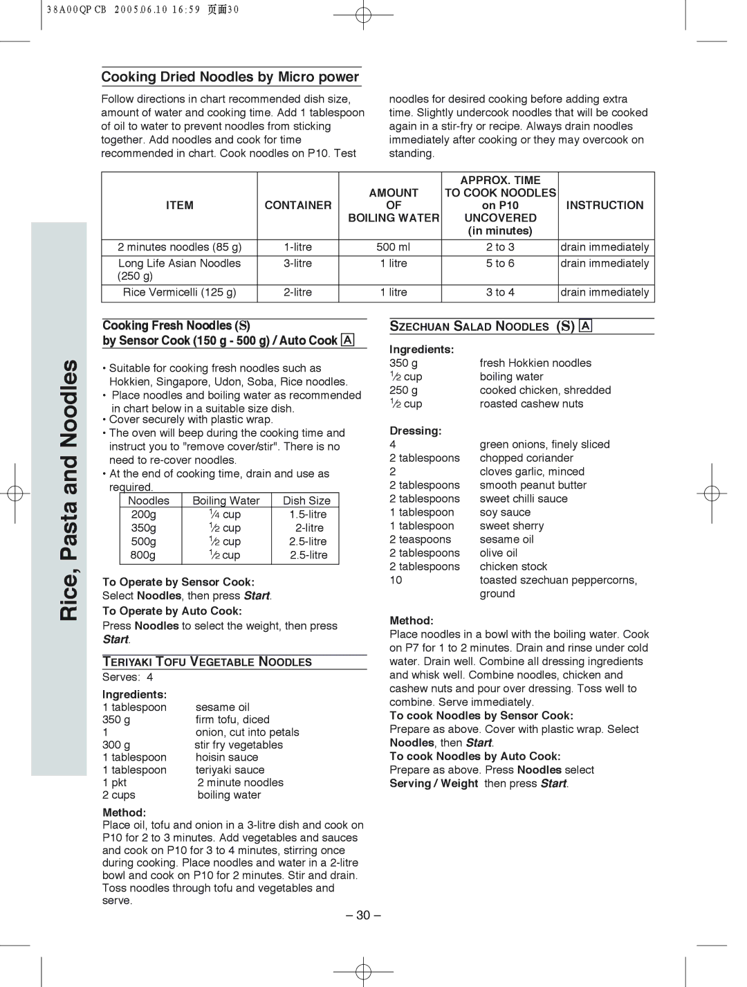 Panasonic NN-S555 manual Cooking Dried Noodles by Micro power, APPROX. Time Amount To Cook Noodles Container, Instruction 