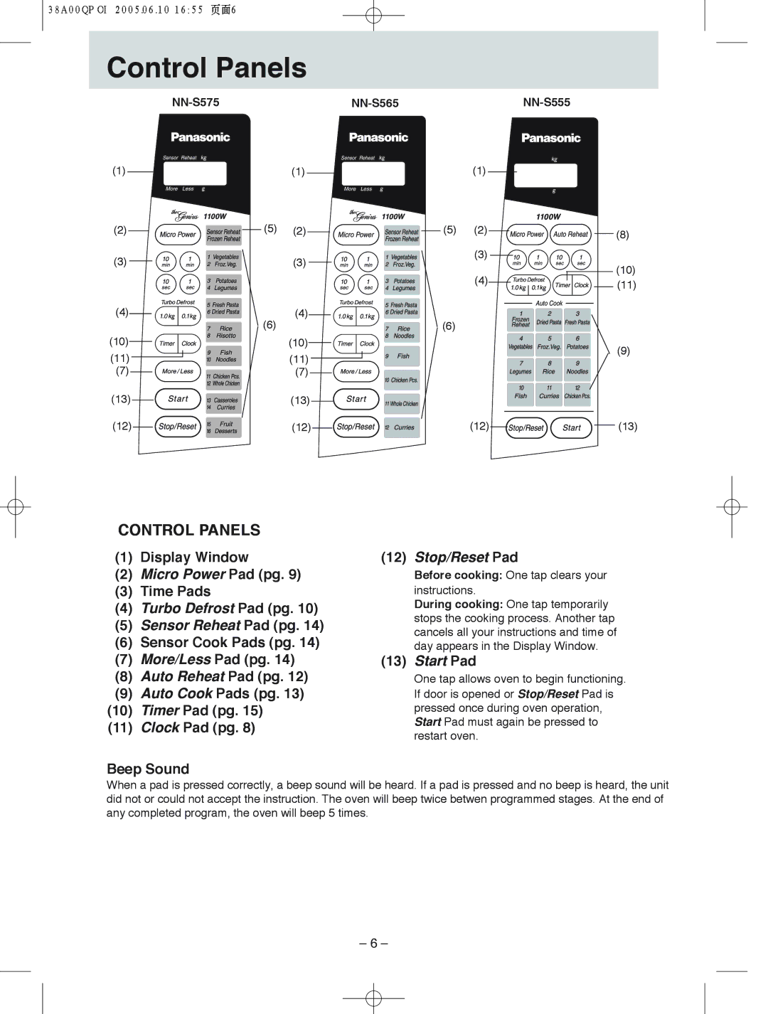 Panasonic NN-S565, NN-S575, NN-S555 Control!!! !!!Panels, Display Window, Time Pads, Sensor Cook Pads pg More/Less Pad pg 