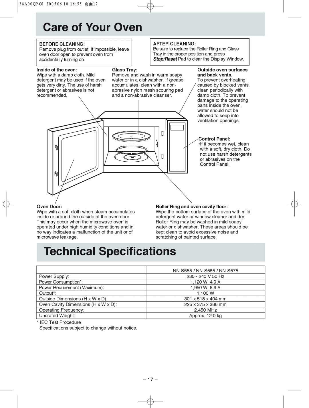 Panasonic NN-S555, NN-S575, NN-S565 manual Care!!! of!!!Your Oven, Technical Specifications 