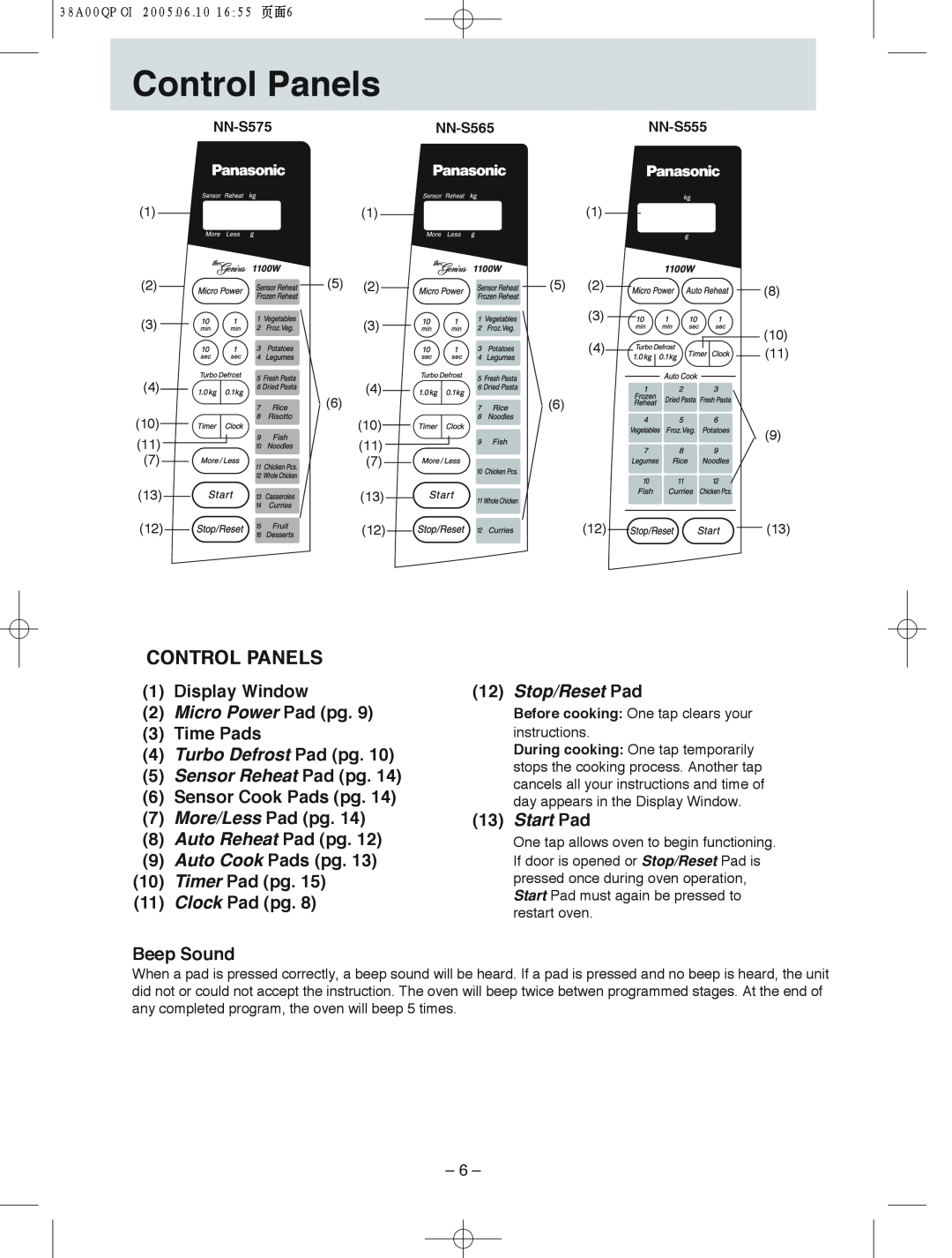 Panasonic NN-S565 Control!!! !!!Panels, Control Panels, 1Display Window, 3Time Pads, 9Auto Cook Pads pg. 10Timer Pad pg 