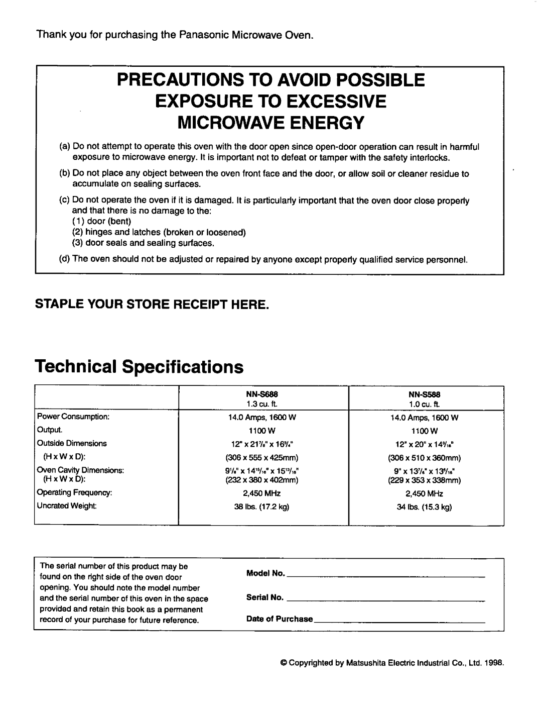 Panasonic NN-S588, NN-S688 manual 