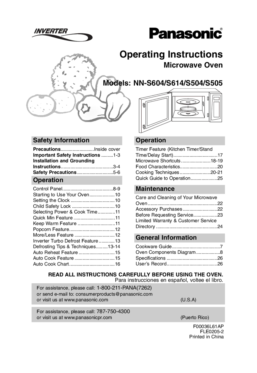 Panasonic NN-S614 important safety instructions Operating Instructions, Safety Information, Operation, Maintenance 