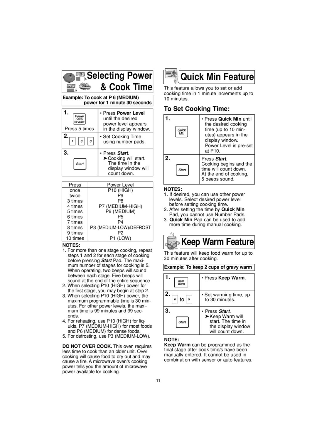 Panasonic NN-S614, NN-S604 Quick Min Feature, To Set Cooking Time, Press Power Level, Example To keep 2 cups of gravy warm 