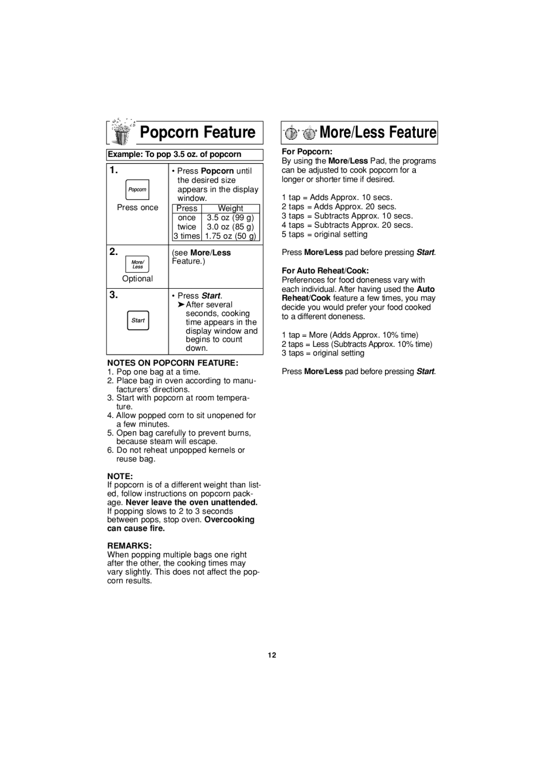 Panasonic NN-S504, NN-S604, NN-S614, NN-S505 important safety instructions Popcorn Feature, Remarks 