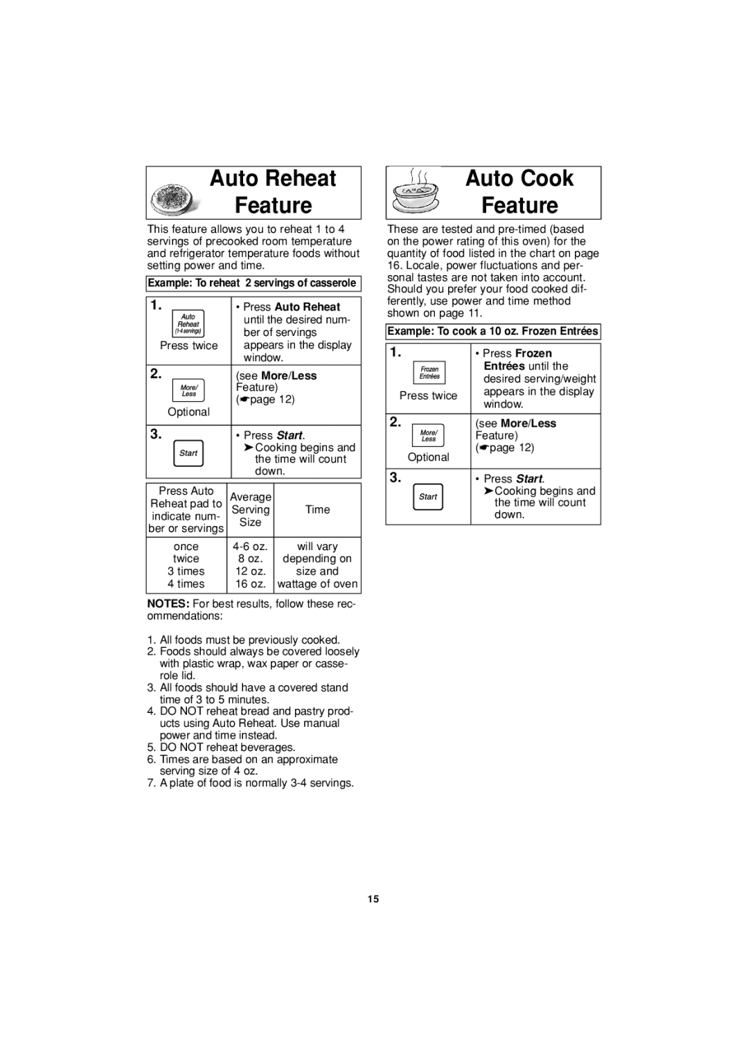 Panasonic NN-S614 Auto Reheat Feature, Auto Cook Feature, Example To reheat 2 servings of casserole Press Auto Reheat 