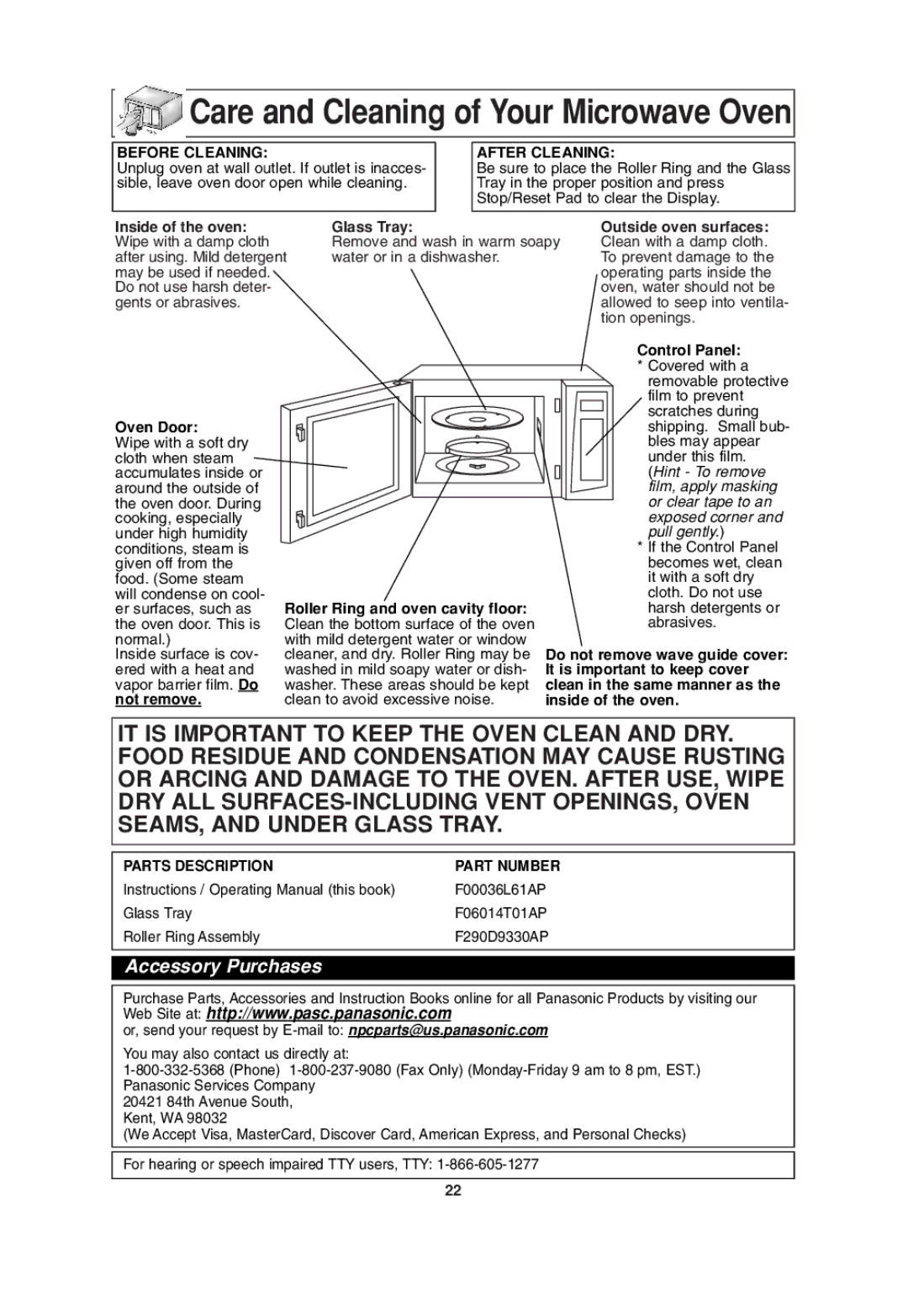 Panasonic NN-S604, NN-S614, NN-S504, NN-S505 important safety instructions Care and Cleaning of Your Microwave Oven 