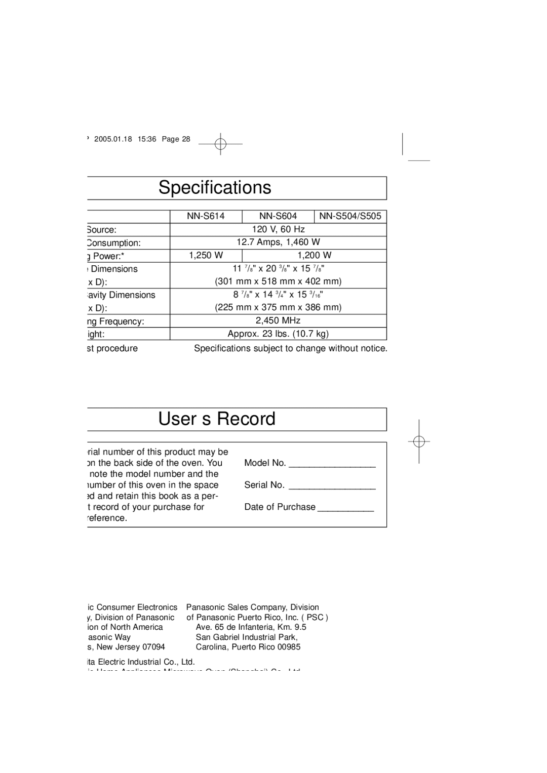 Panasonic NN-S604, NN-S614, NN-S504, NN-S505 Specifications, User’s Record, Model No, Serial No, Date of Purchase 