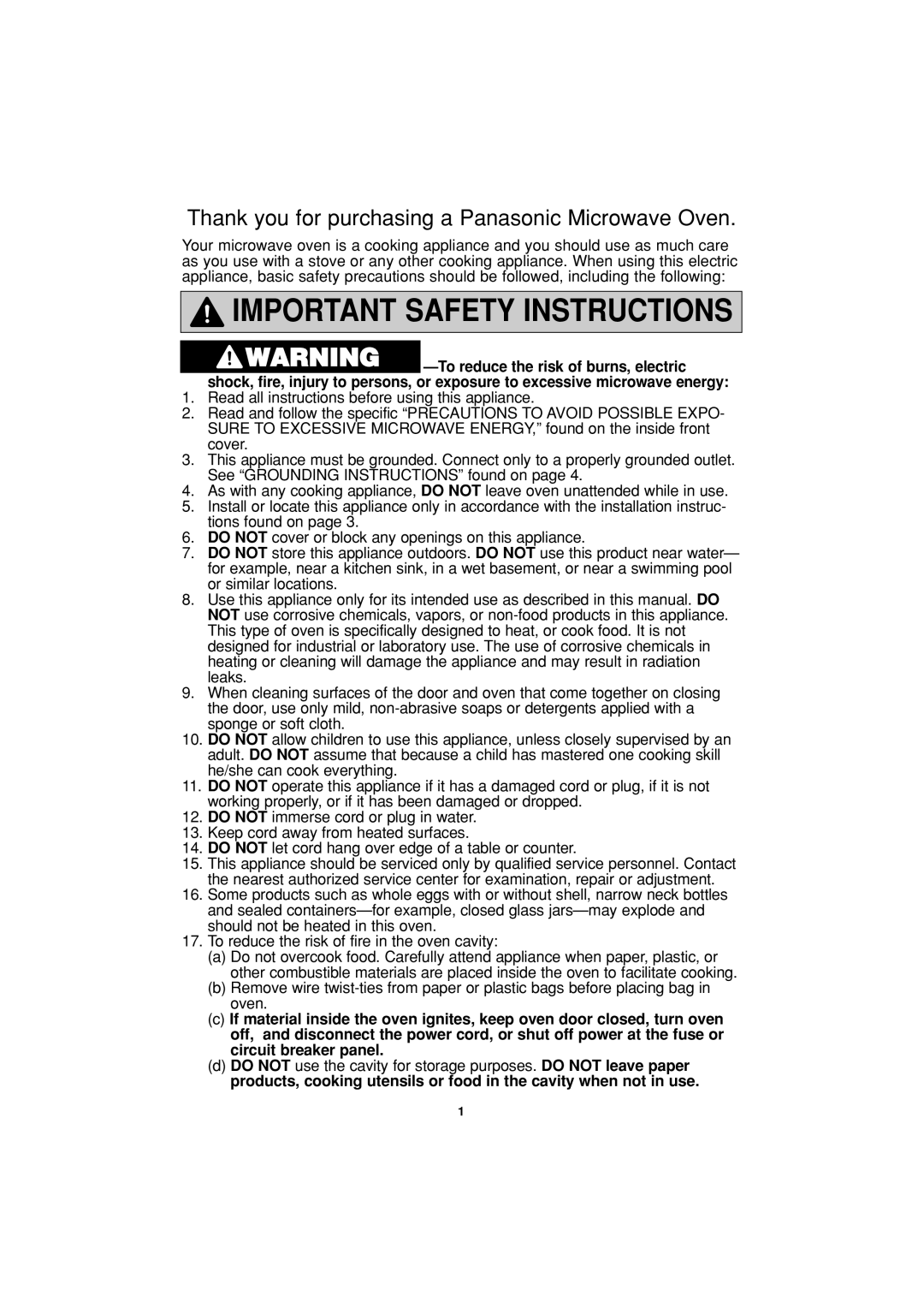 Panasonic NN-S505, NN-S604, NN-S614, NN-S504 important safety instructions Important Safety Instructions 