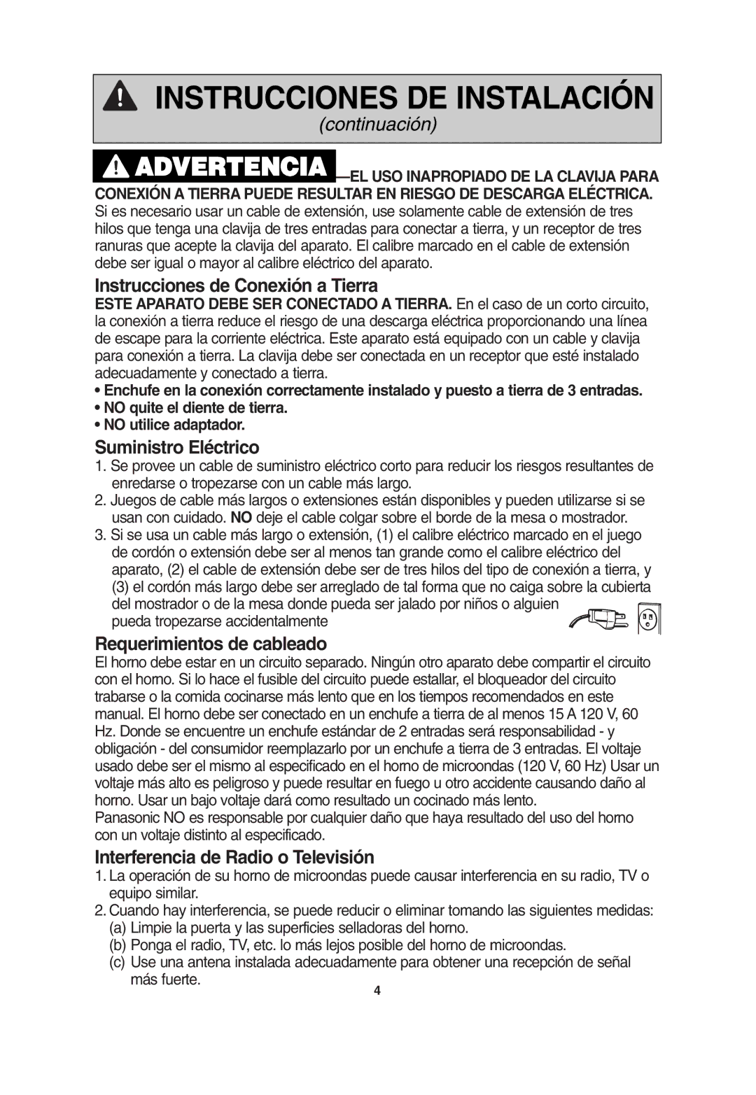 Panasonic NN-S504, NN-S604, NN-S614 Instrucciones de Conexión a Tierra, Suministro Eléctrico, Requerimientos de cableado 