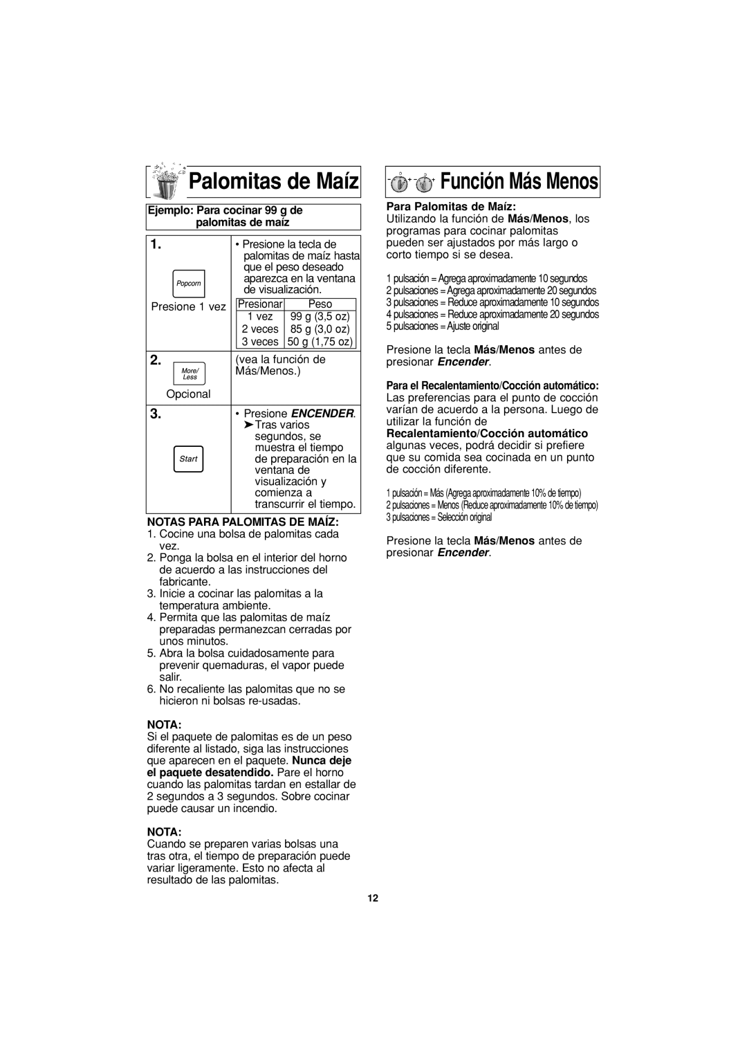 Panasonic NN-S504, NN-S604 Palomitas de Maíz, Ejemplo Para cocinar 99 g de palomitas de maíz, Notas Para Palomitas DE Maíz 