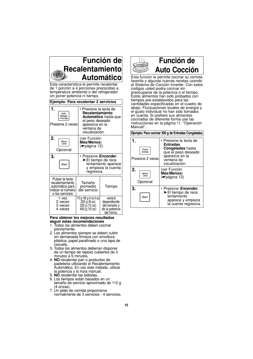 Panasonic NN-S614 Función de Auto Cocción, Ejemplo Para recalentar 2 servicios, Entradas Congeladas hasta, Más/Menos 