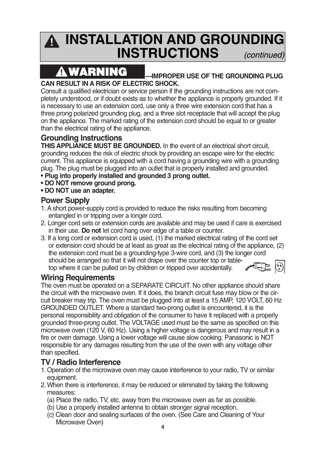 Panasonic NN-S504, NN-S604, NN-S614 Grounding Instructions, Power Supply, Wiring Requirements, TV / Radio Interference 