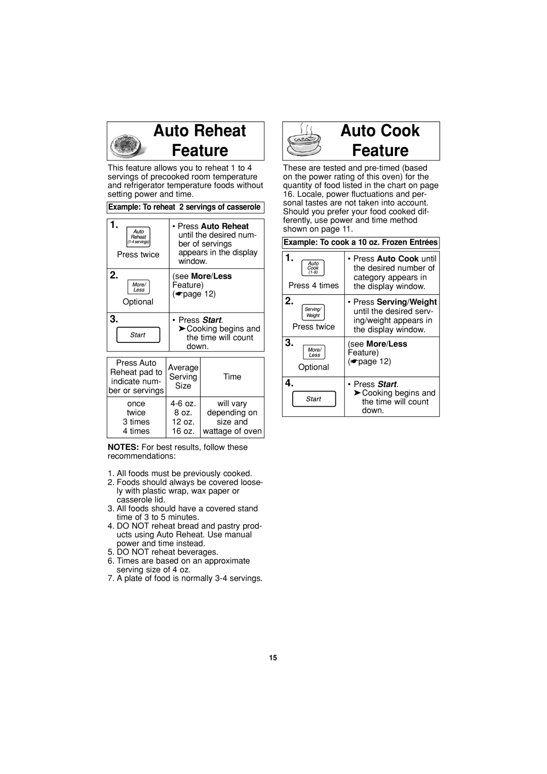 Panasonic NN-S624 Auto Reheat Feature, Auto Cook Feature, Example To reheat 2 servings of casserole Press Auto Reheat 