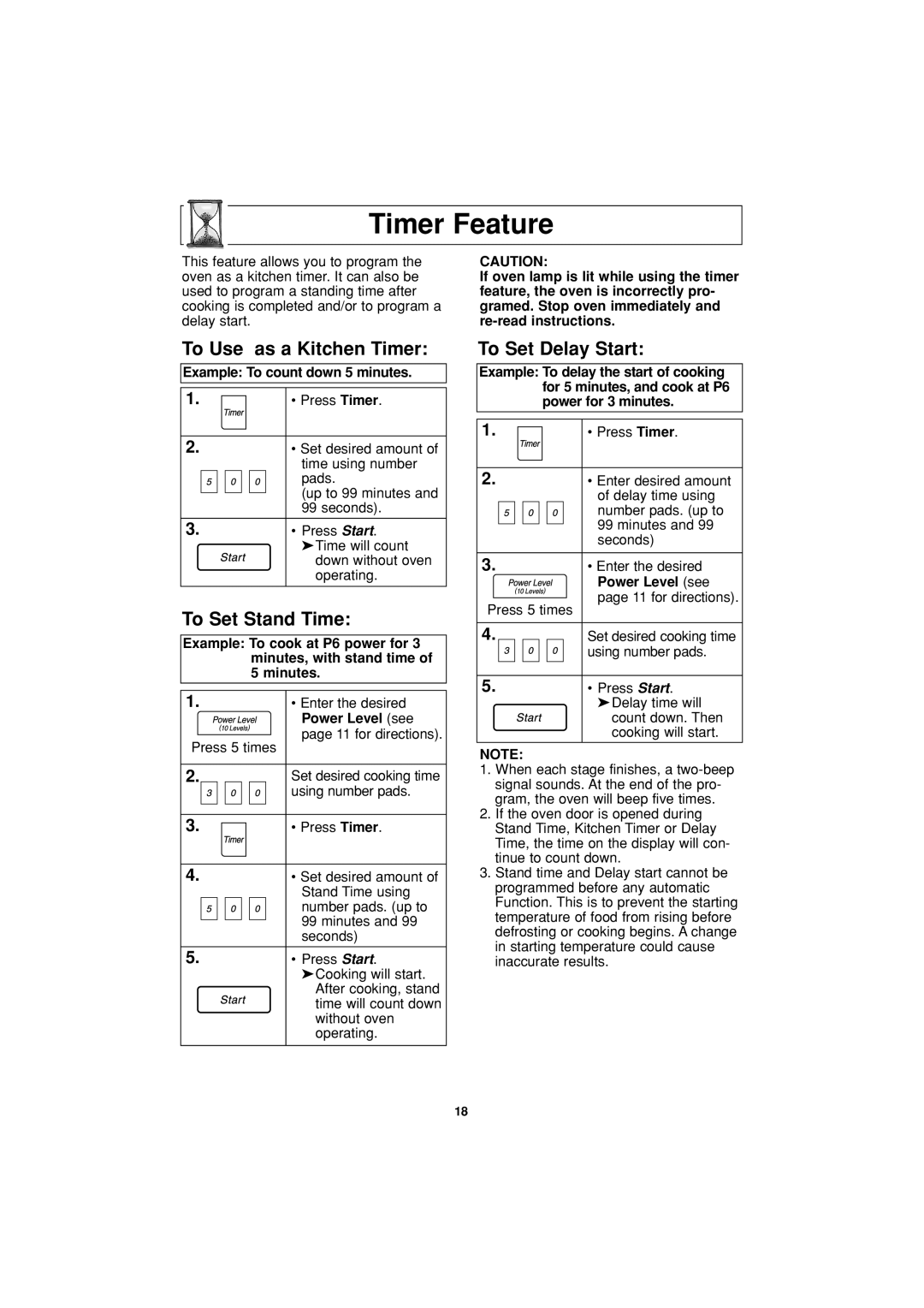 Panasonic NN-S624 operating instructions Timer Feature, To Use as a Kitchen Timer, To Set Stand Time, To Set Delay Start 