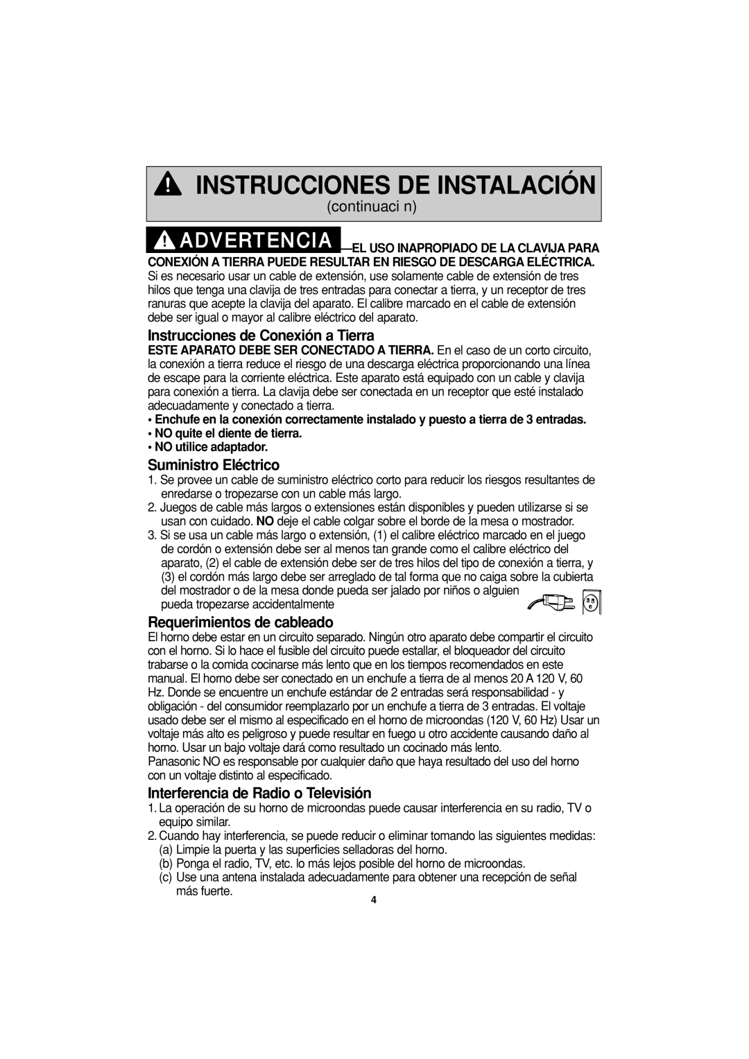 Panasonic NN-S624 Instrucciones de Conexión a Tierra, Suministro Eléctrico, Requerimientos de cableado 