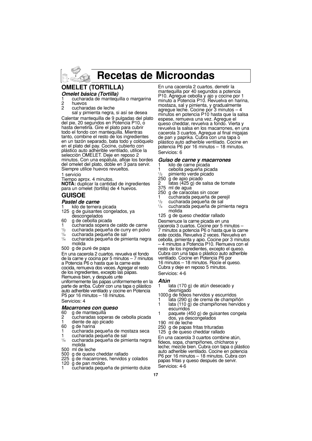 Panasonic NN-S624 operating instructions Recetas de Microondas, Omelet Tortilla, Guisoe 