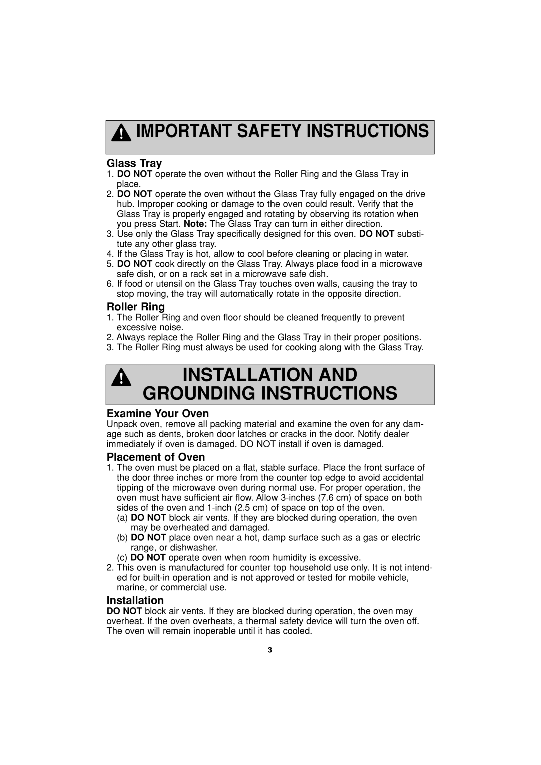 Panasonic NN-S624 operating instructions Glass Tray, Roller Ring, Examine Your Oven, Placement of Oven, Installation 