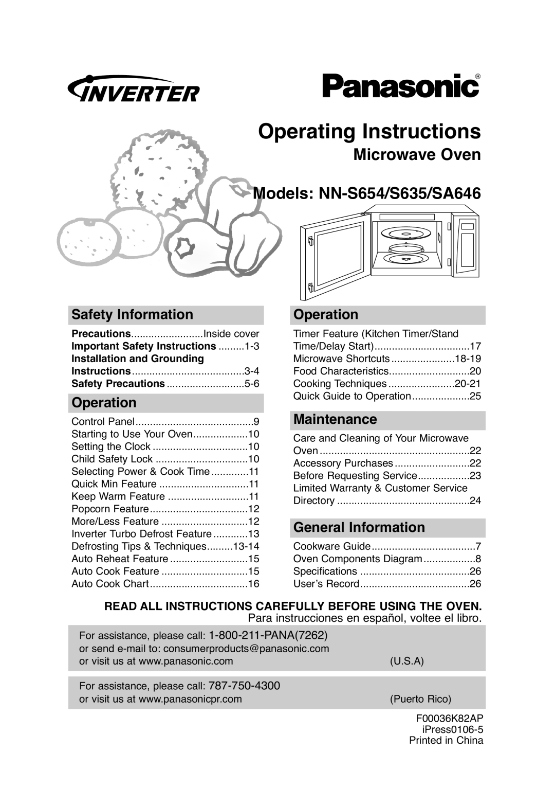 Panasonic NN-S635 important safety instructions Operating Instructions, Safety Information, Operation, Maintenance 