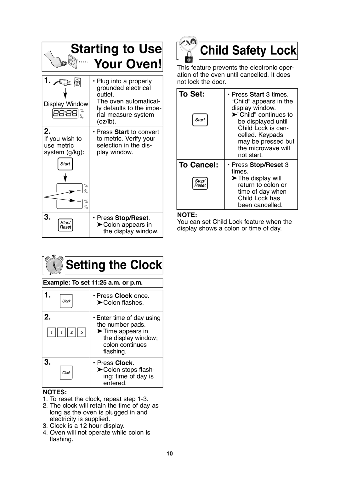 Panasonic NN-S654 Starting to Use Your Oven, Setting the Clock, Child Safety Lock, Example To set 1125 a.m. or p.m 