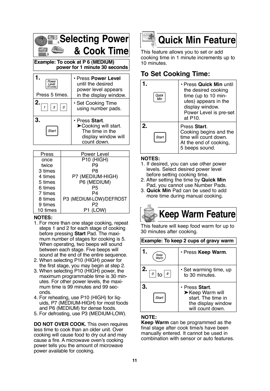 Panasonic NN-S635, NN-S654 Quick Min Feature, To Set Cooking Time, Press Power Level, Example To keep 2 cups of gravy warm 