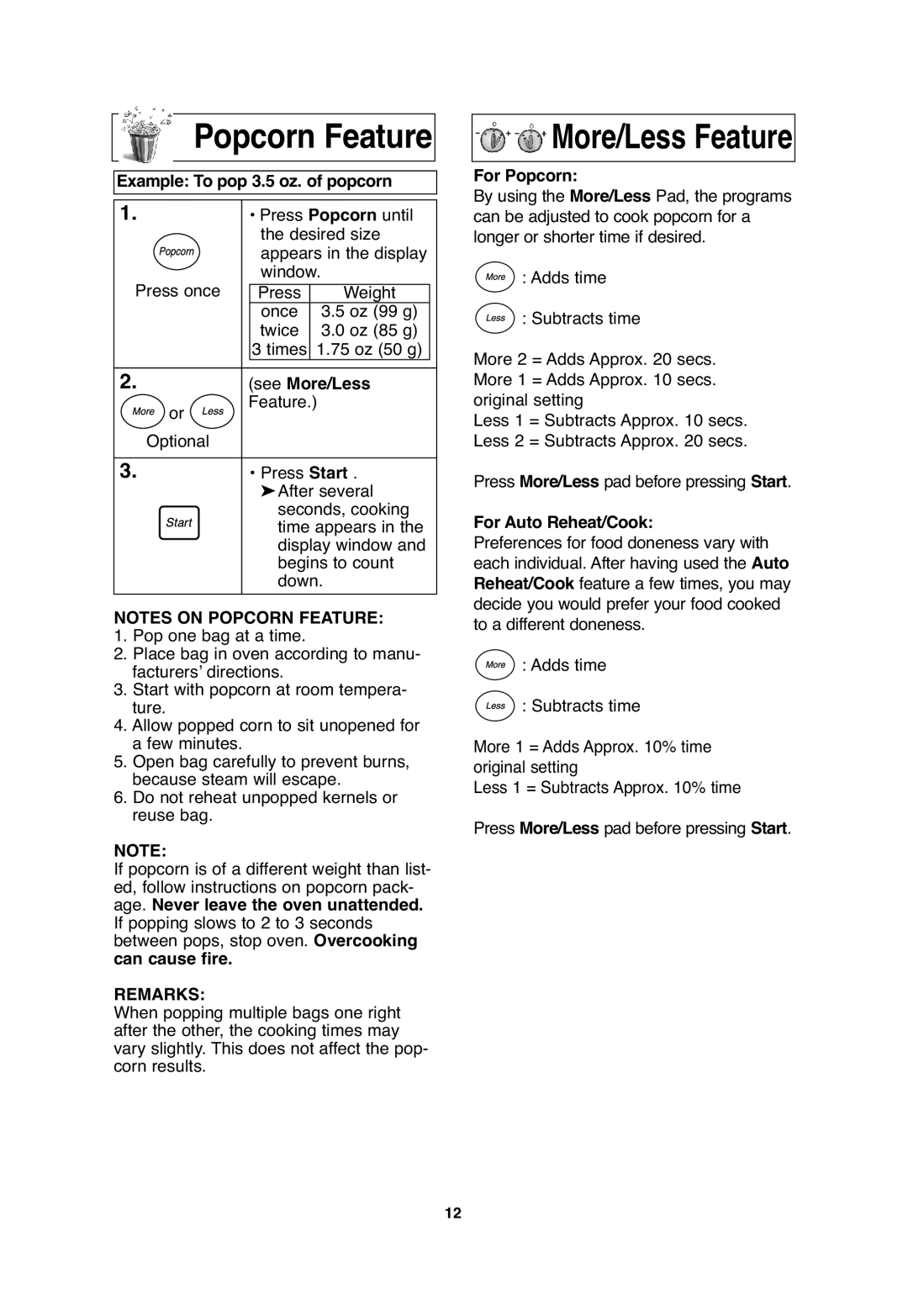 Panasonic NN-SA646, NN-S654, NN-S635 important safety instructions Popcorn Feature, Remarks 