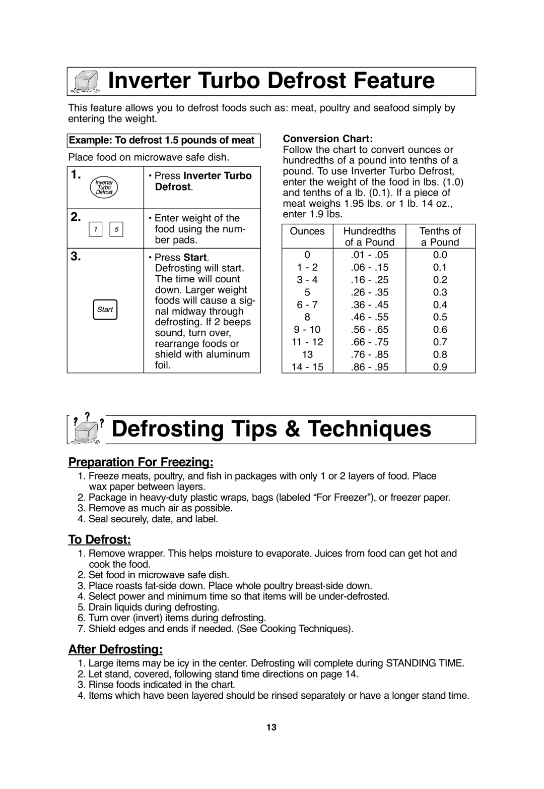 Panasonic NN-S654 Inverter Turbo Defrost Feature, Defrosting Tips & Techniques, Example To defrost 1.5 pounds of meat 