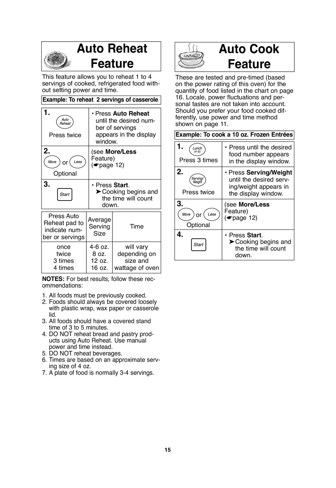 Panasonic NN-SA646 Auto Reheat Feature, Auto Cook Feature, Example To reheat 2 servings of casserole Press Auto Reheat 