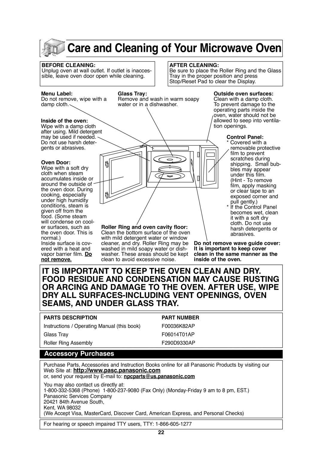 Panasonic NN-S654 Menu Label Glass Tray Outside oven surfaces, Inside of the oven, Control Panel, Oven Door, Not remove 