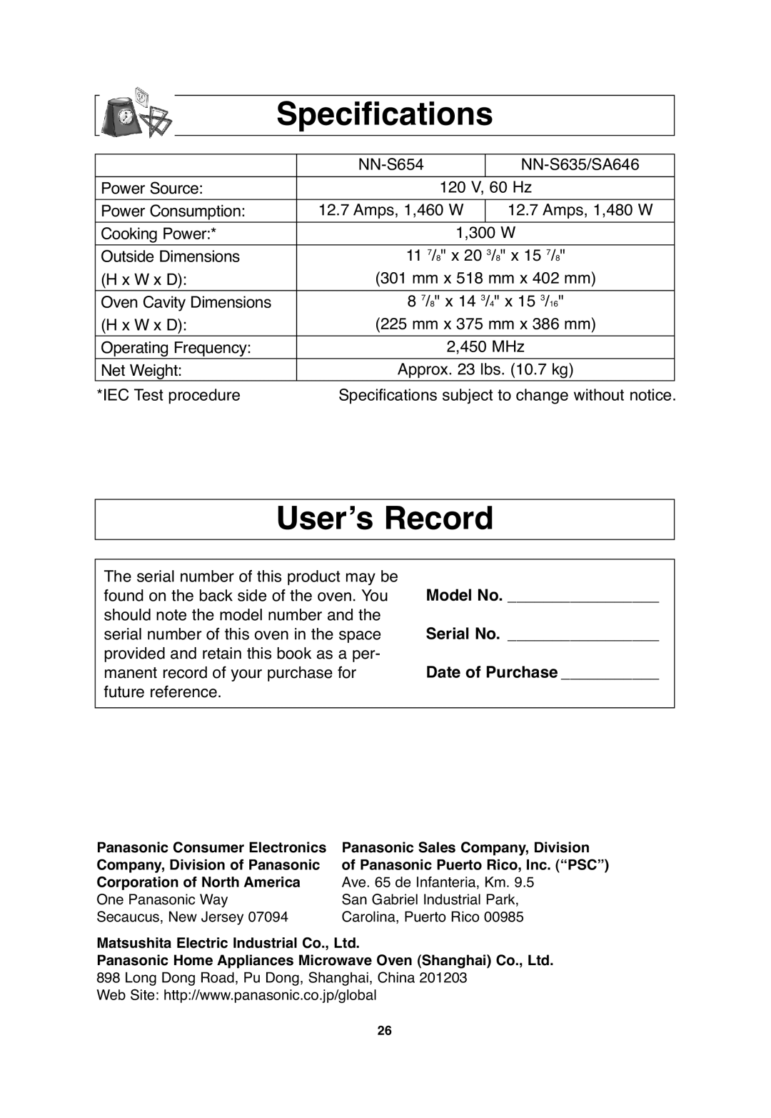 Panasonic NN-S635, NN-S654, NN-SA646 Specifications, User’s Record, Model No, Serial No, Date of Purchase 