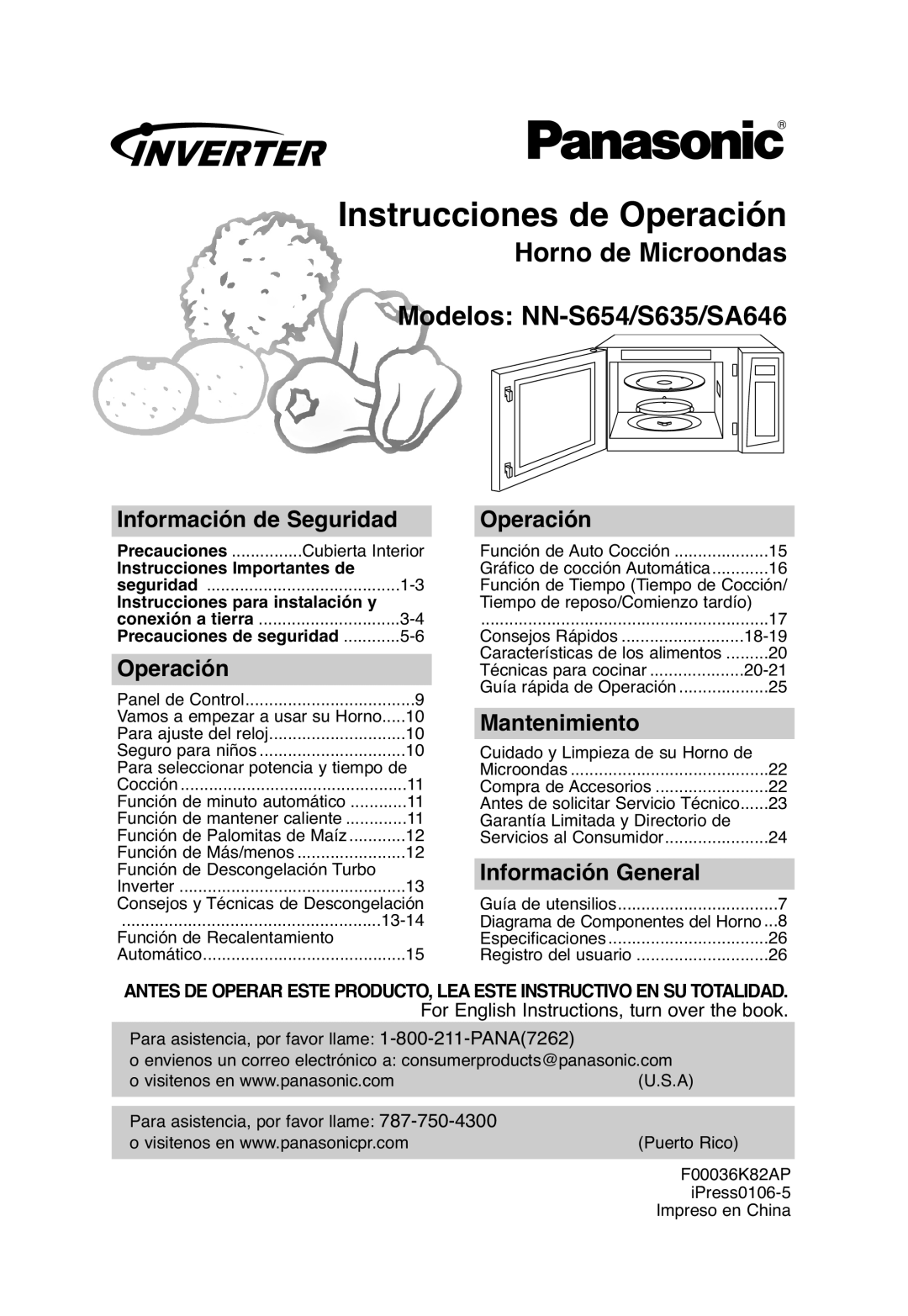 Panasonic NN-SA646, NN-S654 Instrucciones de Operación, Información de Seguridad, Mantenimiento, Información General 