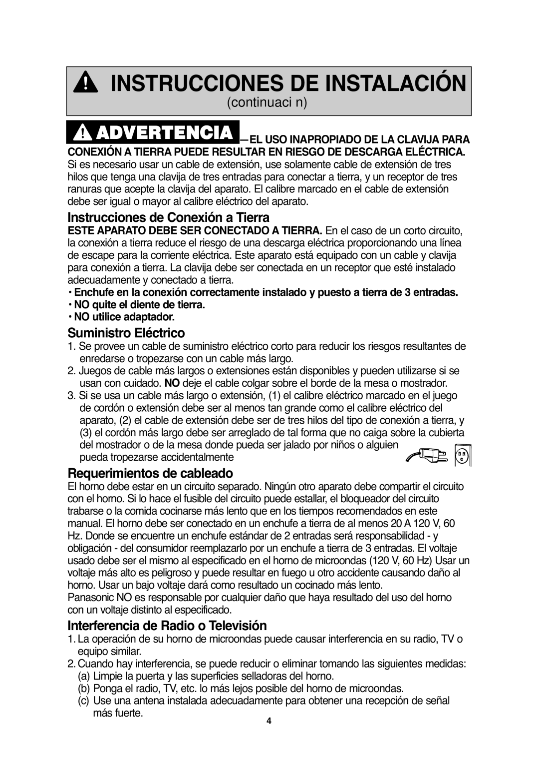 Panasonic NN-S635, NN-S654, NN-SA646 Instrucciones de Conexión a Tierra, Suministro Eléctrico, Requerimientos de cableado 