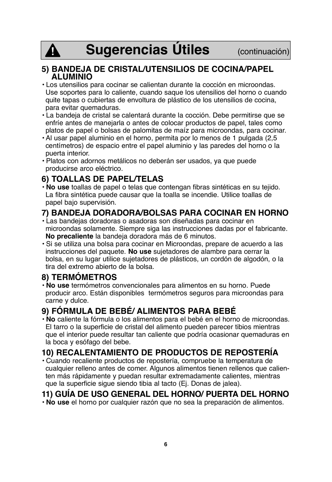 Panasonic NN-S654, NN-S635, NN-SA646 important safety instructions Sugerencias Útiles 