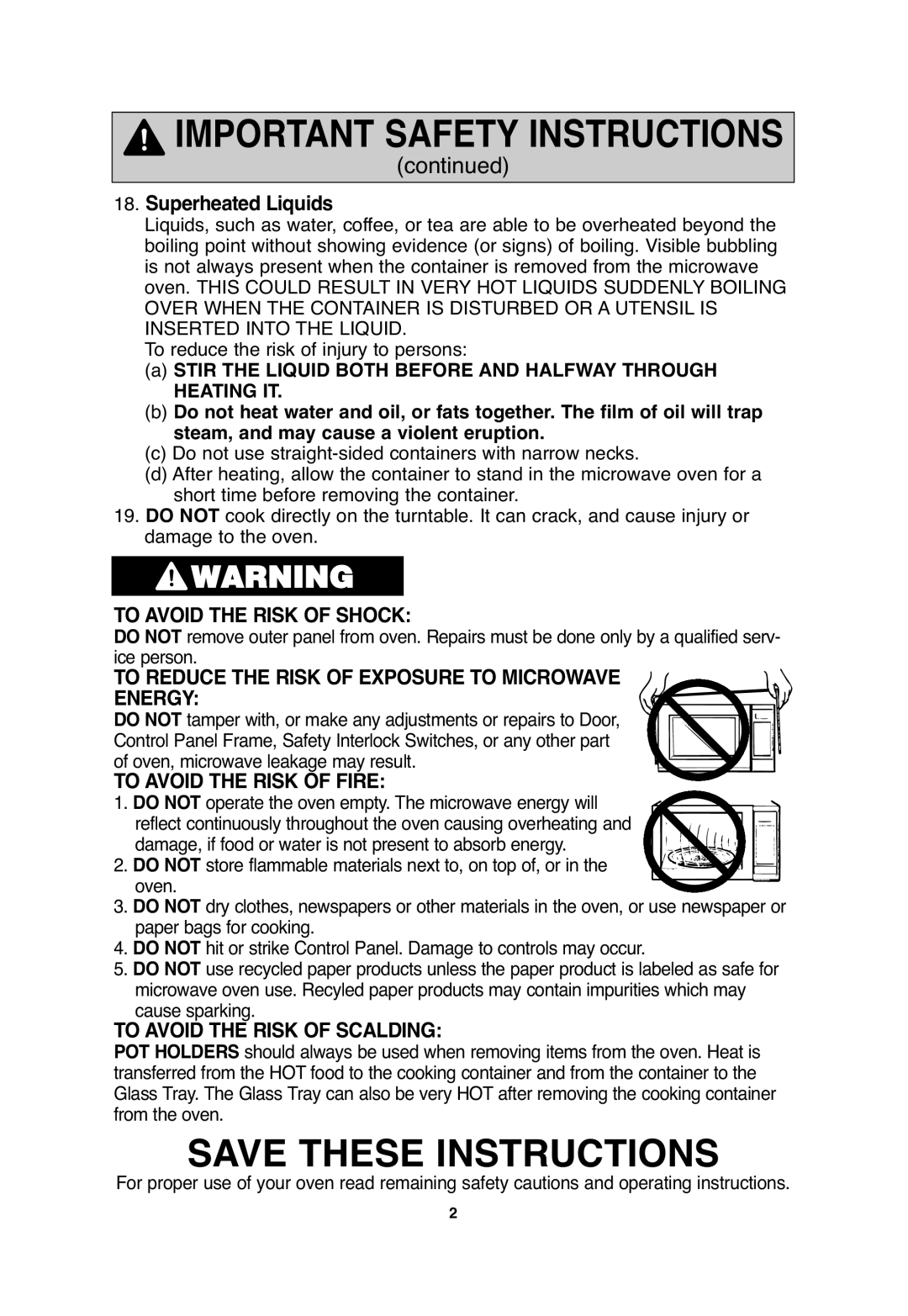 Panasonic NN-S635, NN-S654, NN-SA646 important safety instructions To Avoid the Risk of Shock 