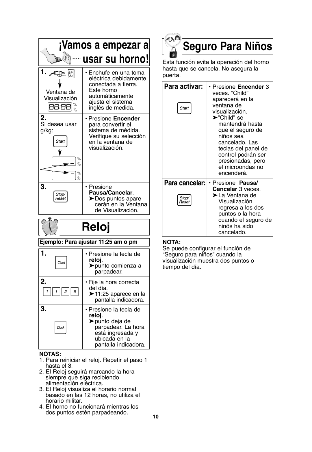 Panasonic NN-S635, NN-S654, NN-SA646 important safety instructions Reloj, Ejemplo Para ajustar 1125 am o pm, Notas 