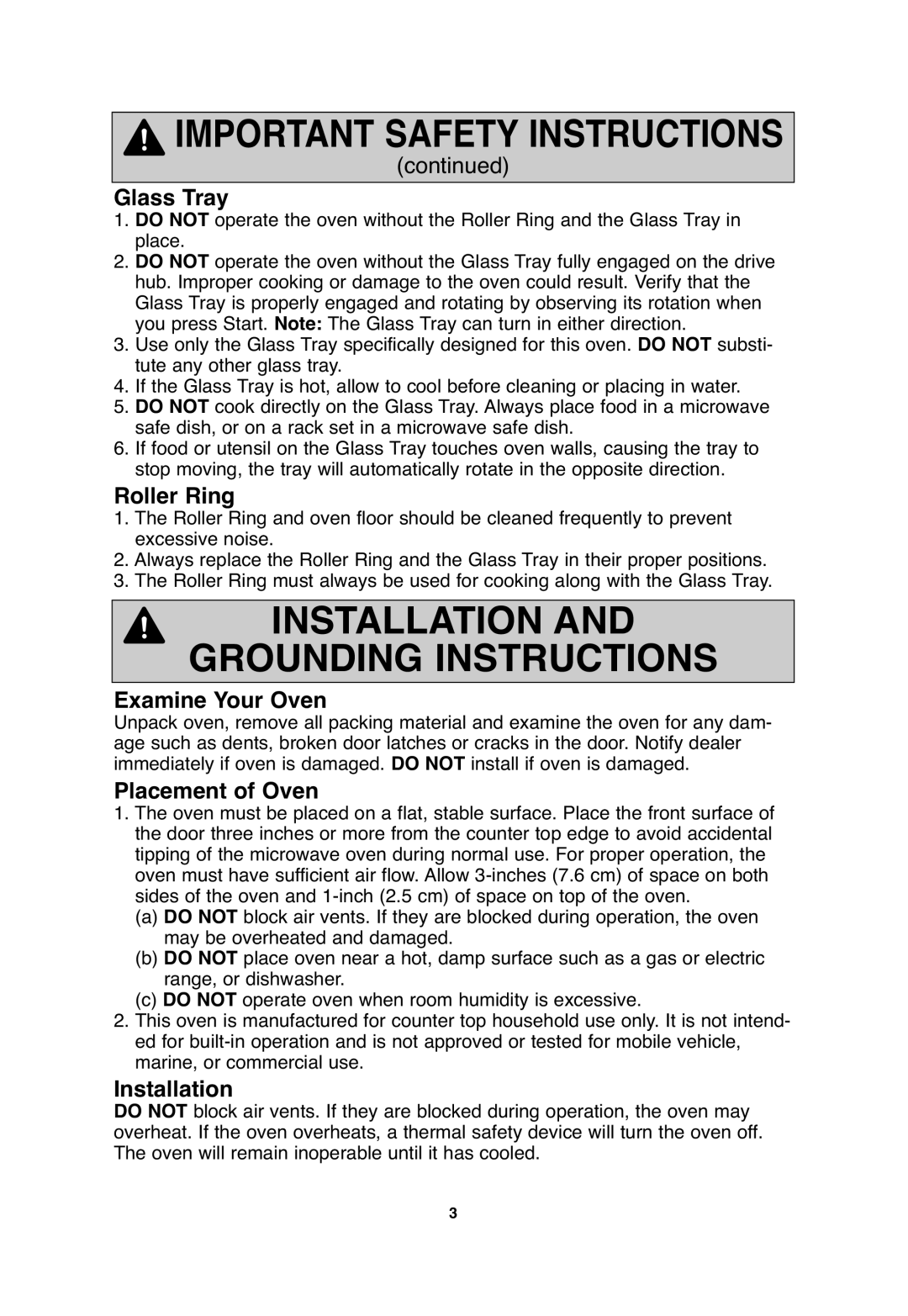 Panasonic NN-SA646, NN-S654, NN-S635 Glass Tray, Roller Ring, Examine Your Oven, Placement of Oven, Installation 