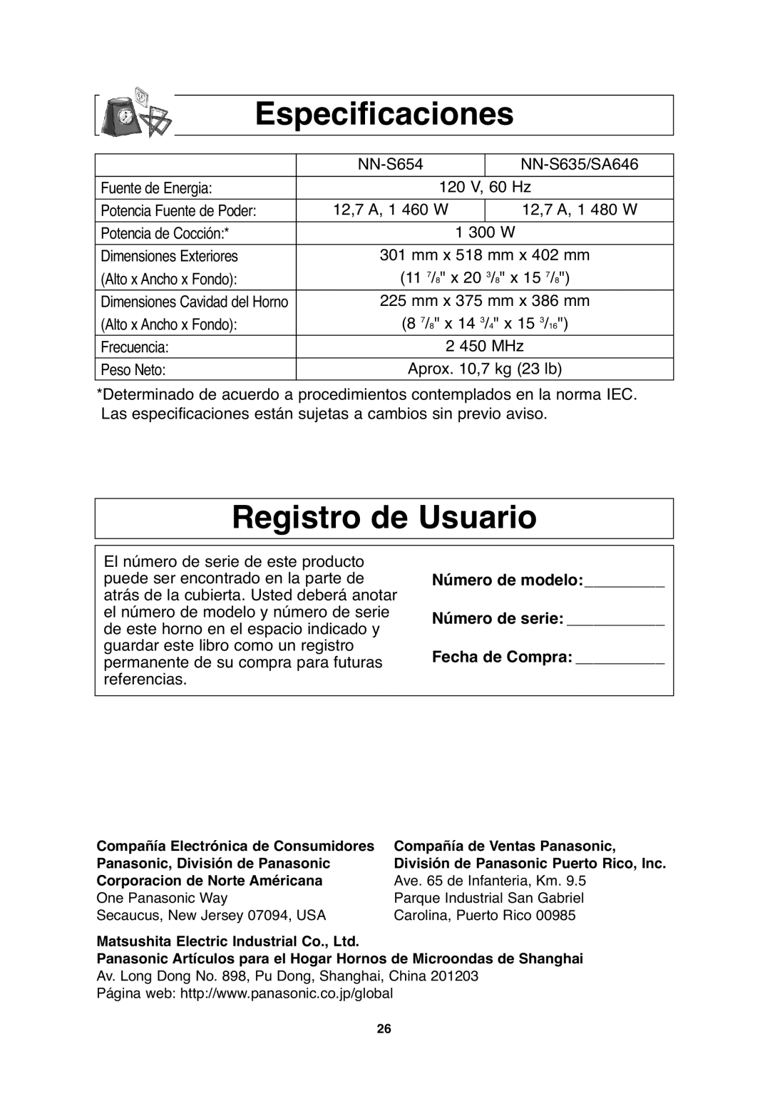 Panasonic NN-SA646, NN-S654 Especificaciones, Registro de Usuario, Número de modelo Número de serie Fecha de Compra 