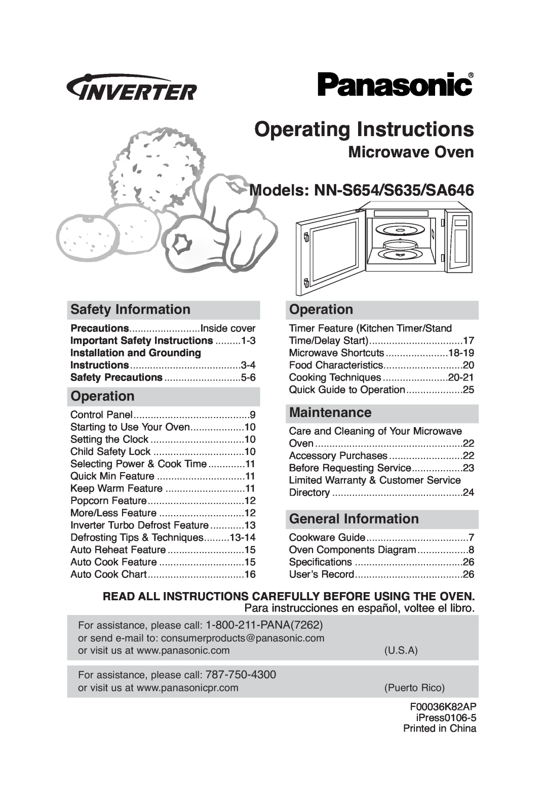 Panasonic NN-S635, NN-SA646 important safety instructions Operating Instructions, Microwave Oven Models NN-S654/S635/SA646 