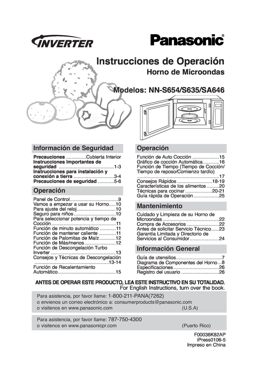 Panasonic NN-SA646 Instrucciones de Operación, Horno de Microondas Modelos NN-S654/S635/SA646, Información de Seguridad 