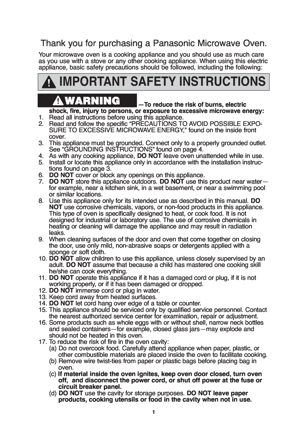 Panasonic NN-S654, NN-S635, NN-SA646 important safety instructions Important Safety Instructions 