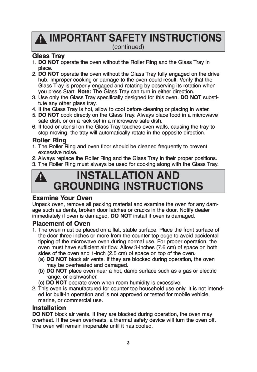 Panasonic NN-SA646 Installation And Grounding Instructions, Glass Tray, Roller Ring, Examine Your Oven, Placement of Oven 