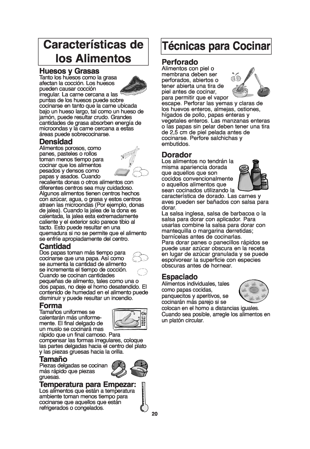 Panasonic NN-SA646 Características de los Alimentos, Técnicas para Cocinar, Huesos y Grasas, Densidad, Cantidad, Forma 