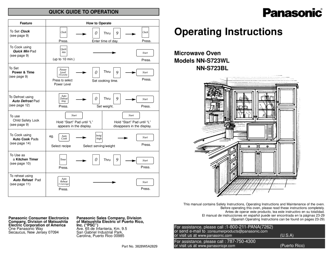 Panasonic NN-S723BL, NN-S723WL manual Quick Guide to Operation, Inc. PSC, One Panasonic Way Ave de Infanteria, Km 