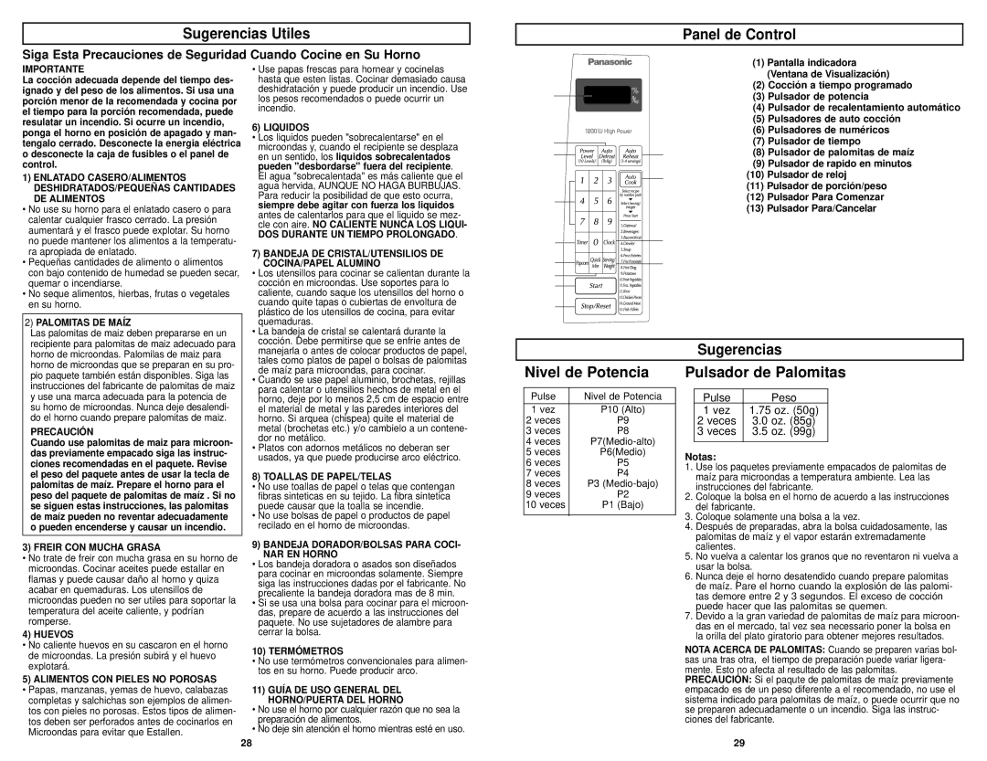 Panasonic NN-S723BL, NN-S723WL manual Sugerencias Utiles Panel de Control, Nivel de Potencia, Pulsador de Palomitas 