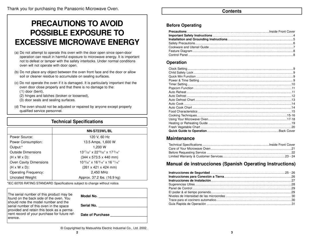 Panasonic NN-S723WL, NN-S723BL manual Technical Specifications, Contents, Maintenance 